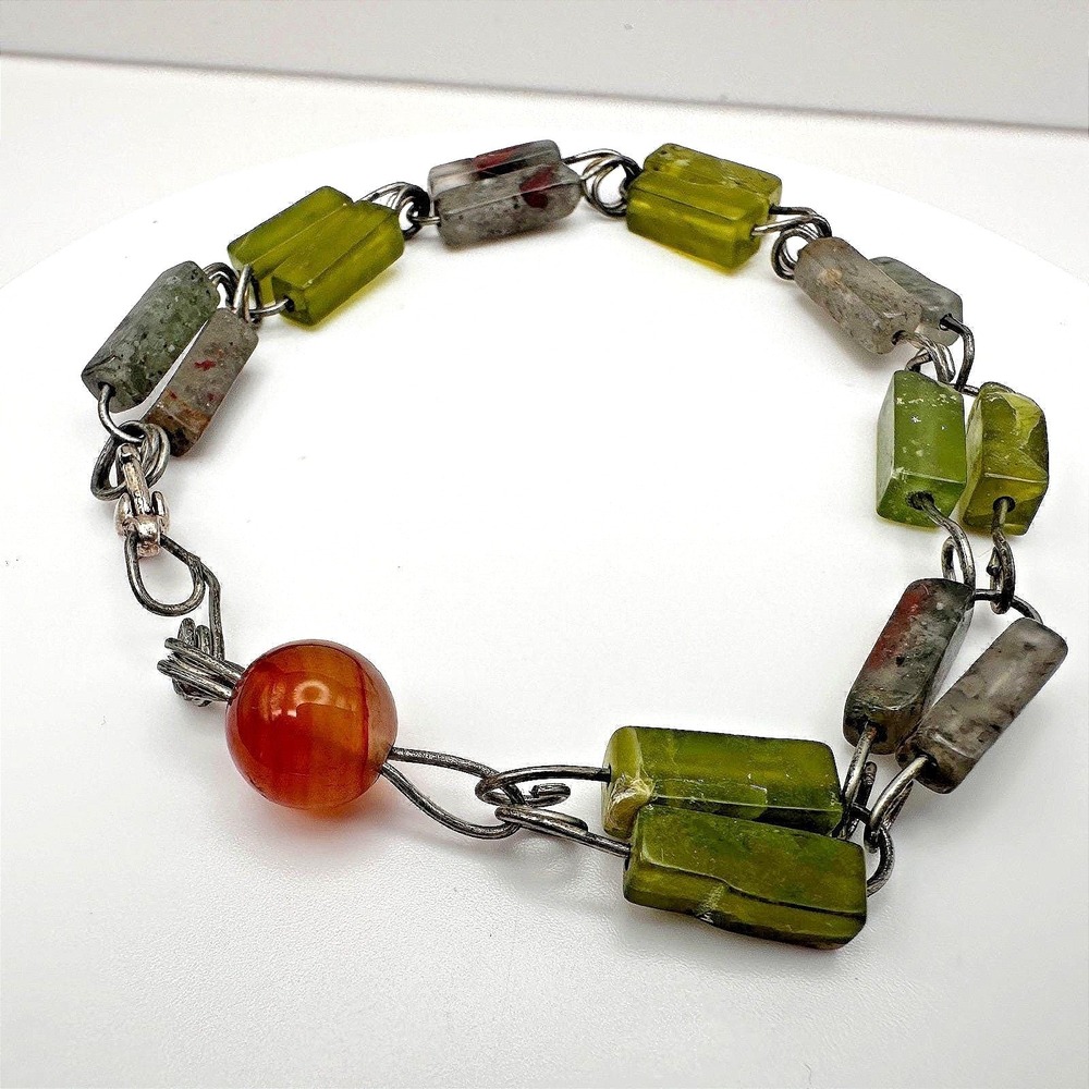 Vintage Mixed Stone Bracelet Serpentine Jade Jasper Carnelian Wire Link Boho Y2K